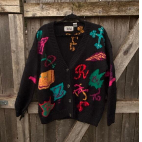 VTG The Limited FORENZA black v-neck Cardigan SWEATER Size small bright colors - Picture 1 of 3
